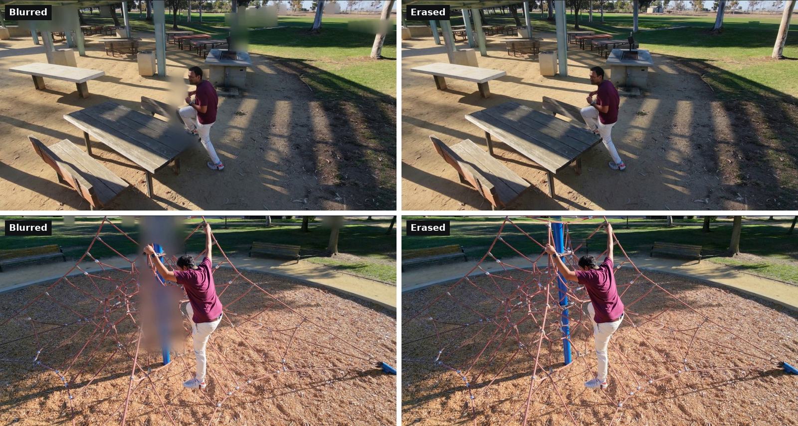 Two pairs of drone frames. Top: a man stepping onto a picnic table under a shelter; in the blurred version blurred boxes cover the far tables and a patch right beside his arm; in the erased version the shelter, tables and lawn are clear. Bottom: the same man on a red rope net around a blue pole; the blurred version has a tall blurred strip over the pole and ropes; the erased version shows the pole and the net.