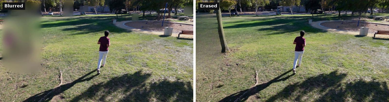Two versions of the same drone frame of a person jogging across a park lawn. On the left, a large blurred patch covers the left third of the frame and smaller blurred boxes sit on the far edge. On the right, the same frame with the lawn, a tree trunk and the far road visible and no other people.