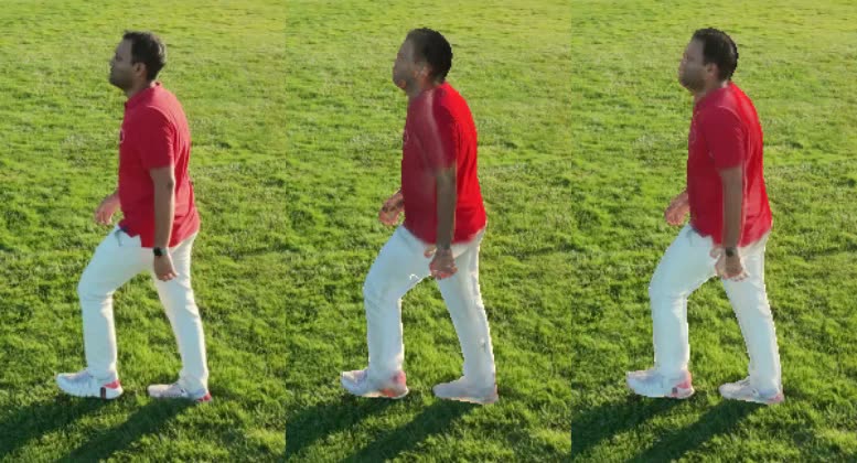 Three views of a walking person: the real drone frame, the view rebuilt without that drone, and the view rebuilt with all three drones
