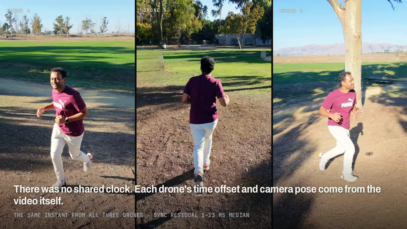 The subject jogging on a dirt path, seen at the same moment from three drones at different angles