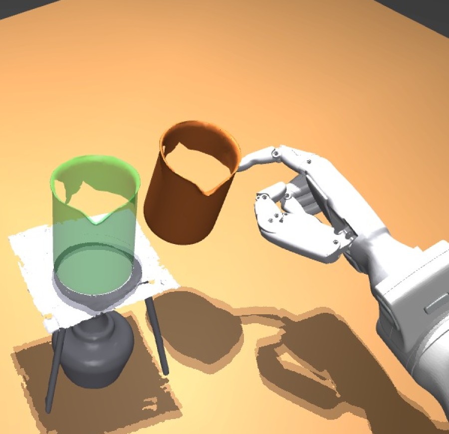Simulated robot hand on a Franka arm carrying a brown beaker toward its goal, shown as a green ghost on a stand