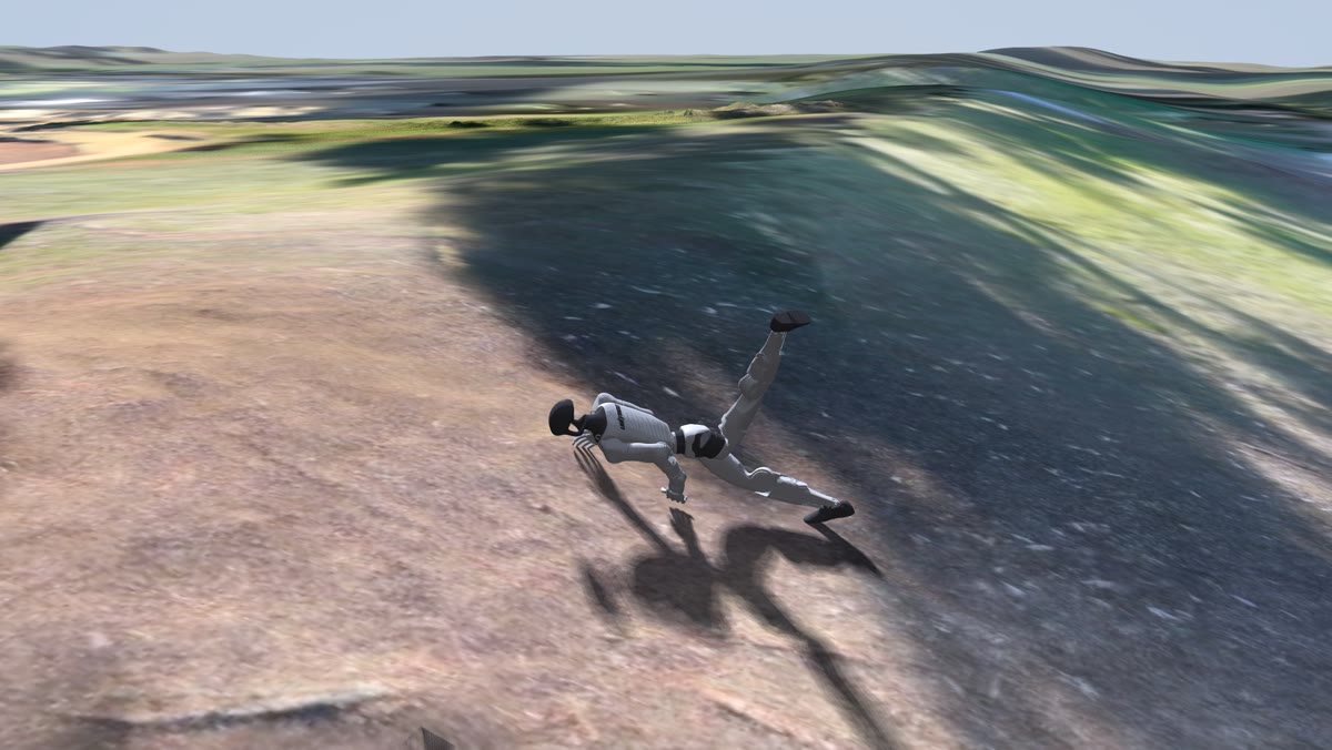 A simulated Unitree G1 fallen on a grassy levee slope