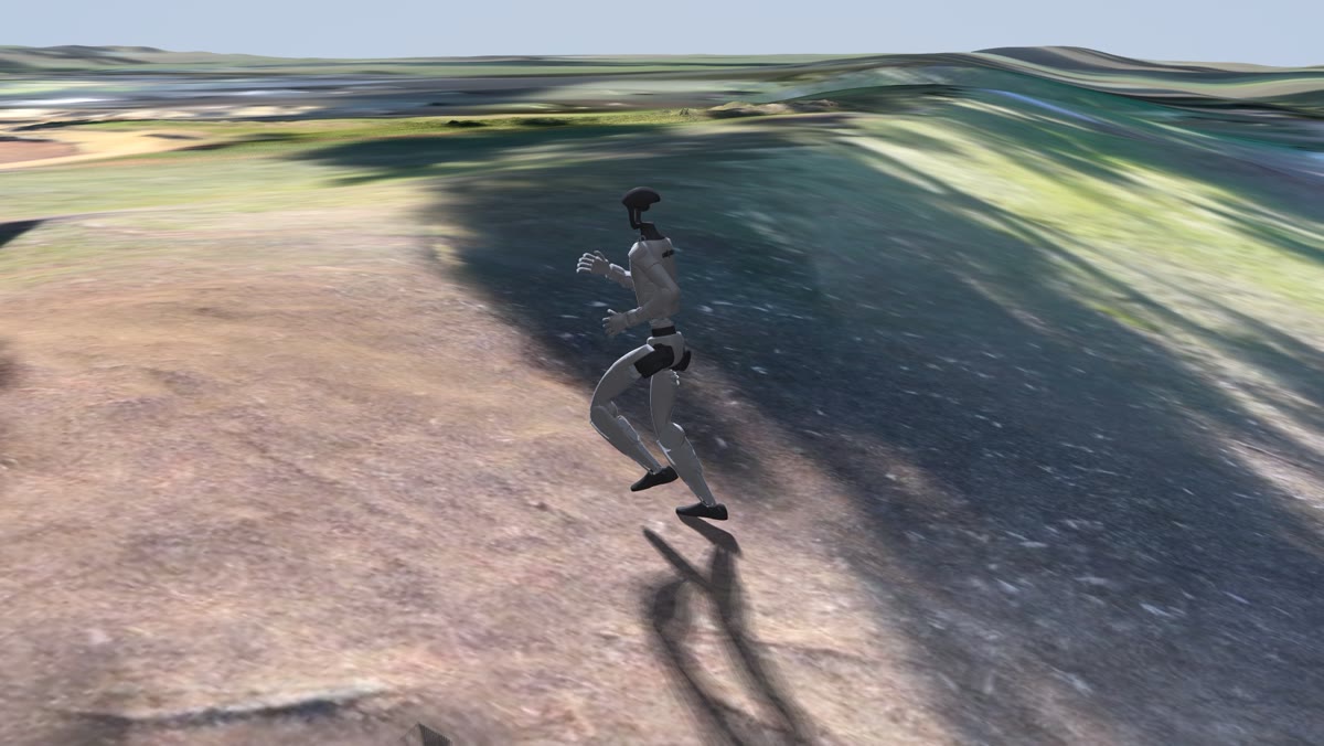 A simulated Unitree G1 jogging up the same grassy levee slope
